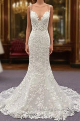 Best Long Mermaid Spaghetti Strap Appliques Lace Wedding Dresses